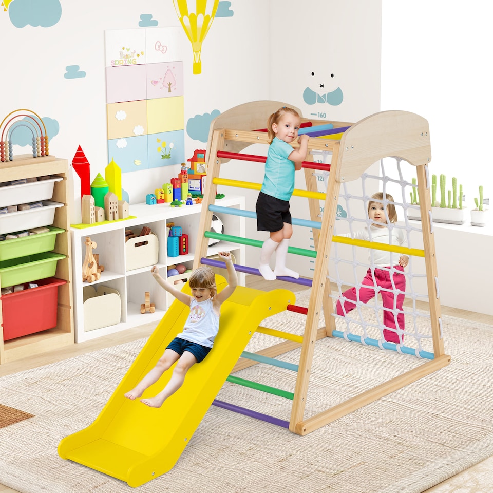 image 1 of COSTWAY 4-in-1 Jungle Gym Wooden Indoor Toddler Playground Slide-Colorful