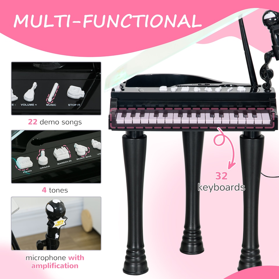 image 1 of AIYAPLAY 32 Keys Kids Piano Keyboard with Stool, Lights, Microphone, Multiple Sounds, Removable Legs, Electronic Musical Instrument for Boys Girls, Black