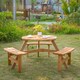 image 1 of Outsunny 6 Seater Wooden Picnic Table and Garden Benches Set, Round Garden Dining Set with 3 Benches and Umbrella Hole Outdoor Garden Park, Brownish Red
