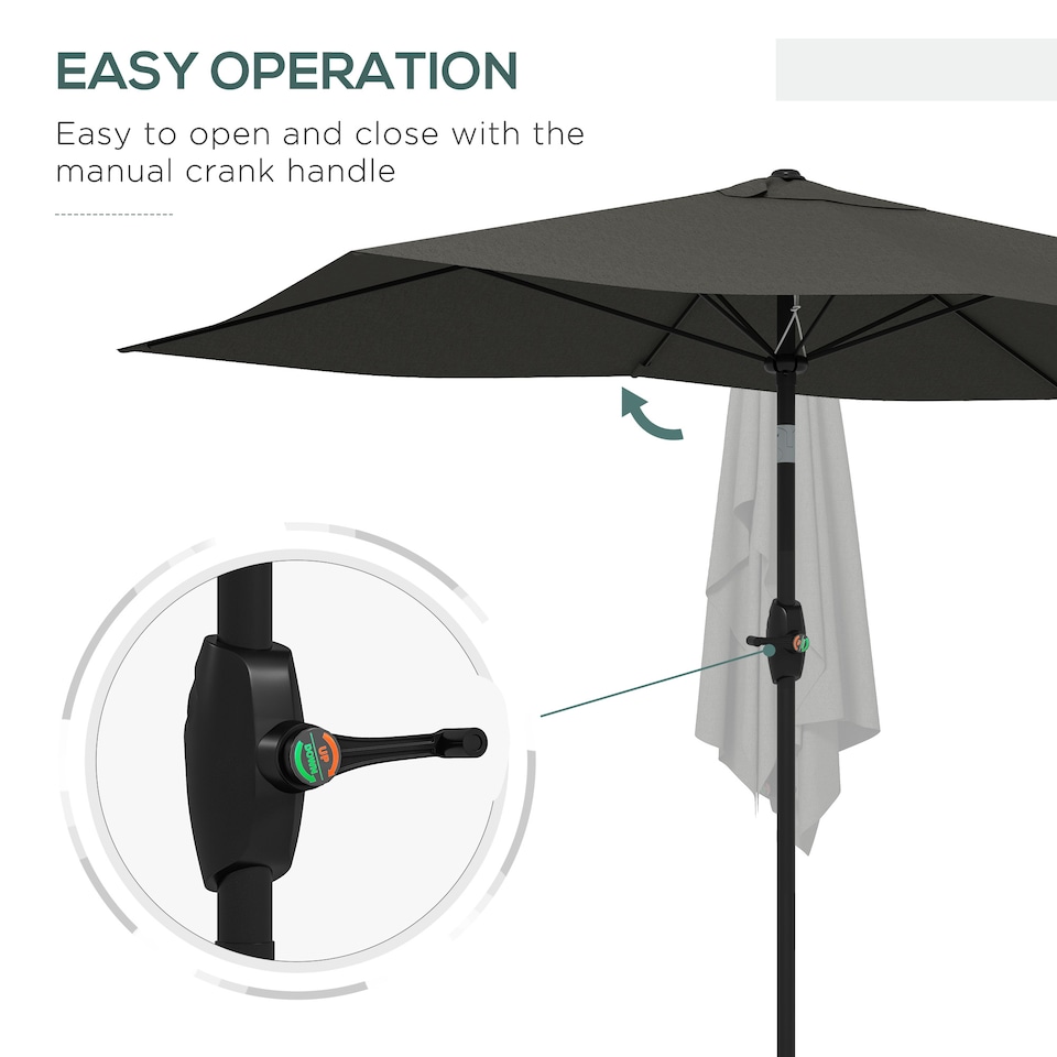 image 1 of Outsunny 2 x 3m Garden Parasol Umbrella, Rectangular Outdoor Market Umbrella Sun Shade with Crank  Push Button Tilt, 6 Ribs, Aluminium Pole, Dark Grey