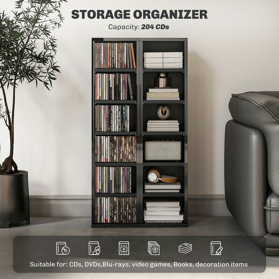 image 1 of HOMCOM Set of 2 CD Storage Units with Adjustable Shelves High Gloss Black