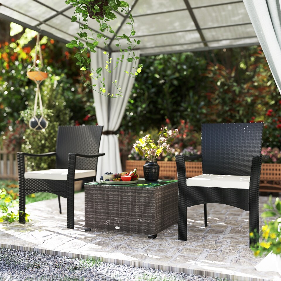 image 1 of Outsunny Outdoor Coffee Table with Glass Top, Rattan Side Table, Dark Grey