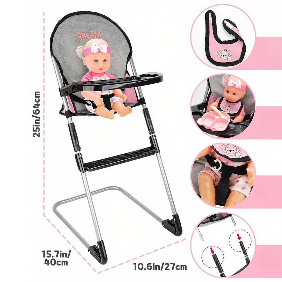 image 1 of Baby Doll Crib & Nursery Accessories Set – Doll Cot, High Chair, Bib & Carry Bag – Pretend Play Doll Furniture Gift for Kids Ages 3+