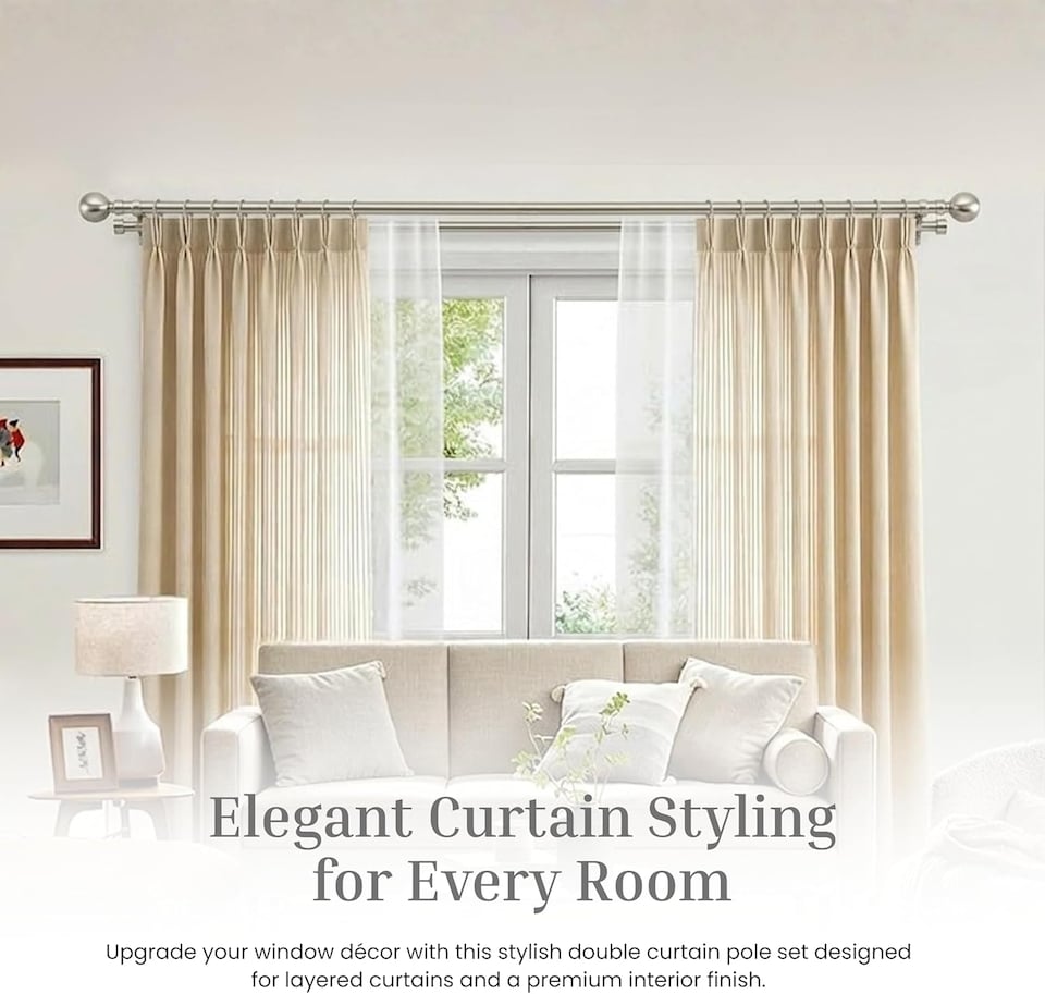 image 1 of Lister Cartwright Double Curtain Extendable Pole Set with Polished Steel Ball Finials- 19mm & 28mm Metal Poles(120- 220 cm)