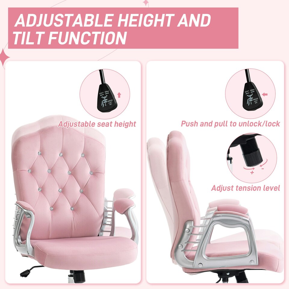 image 1 of Vinsetto Home Office Chair with Adjustable Height Tilt Function Pink