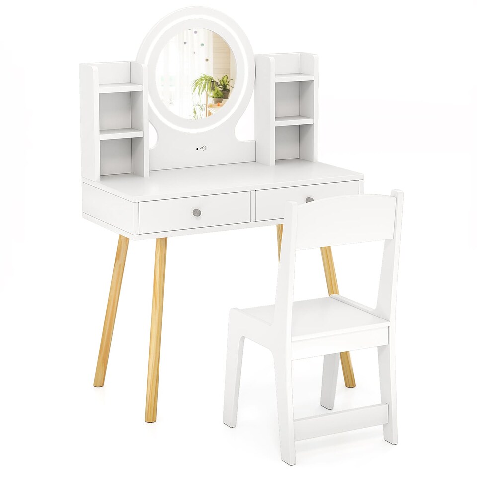 image 1 of COSTWAY Kids Vanity Set Princess Vanity Desk Set White