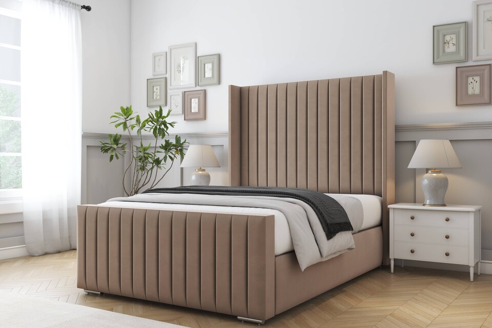 image 1 of Sloomy Marlborough Mink Plush Bed Frame With Mattress With 50"  Upholstered Wingback Headboard 5' King