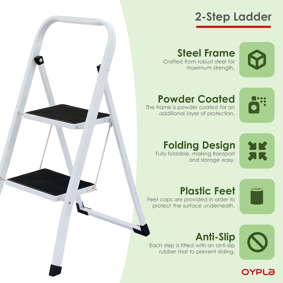image 1 of Oypla Foldable 2 Step Ladder Stepladder Non Slip Tread Safety Steel White