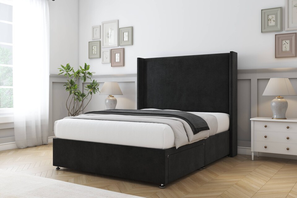 image 1 of Sloomy Devonshire Black Plush Divan Bed With Mattress No Drawers With 54" Wingback Headboard 3' Single | Black | Black | Single | 1