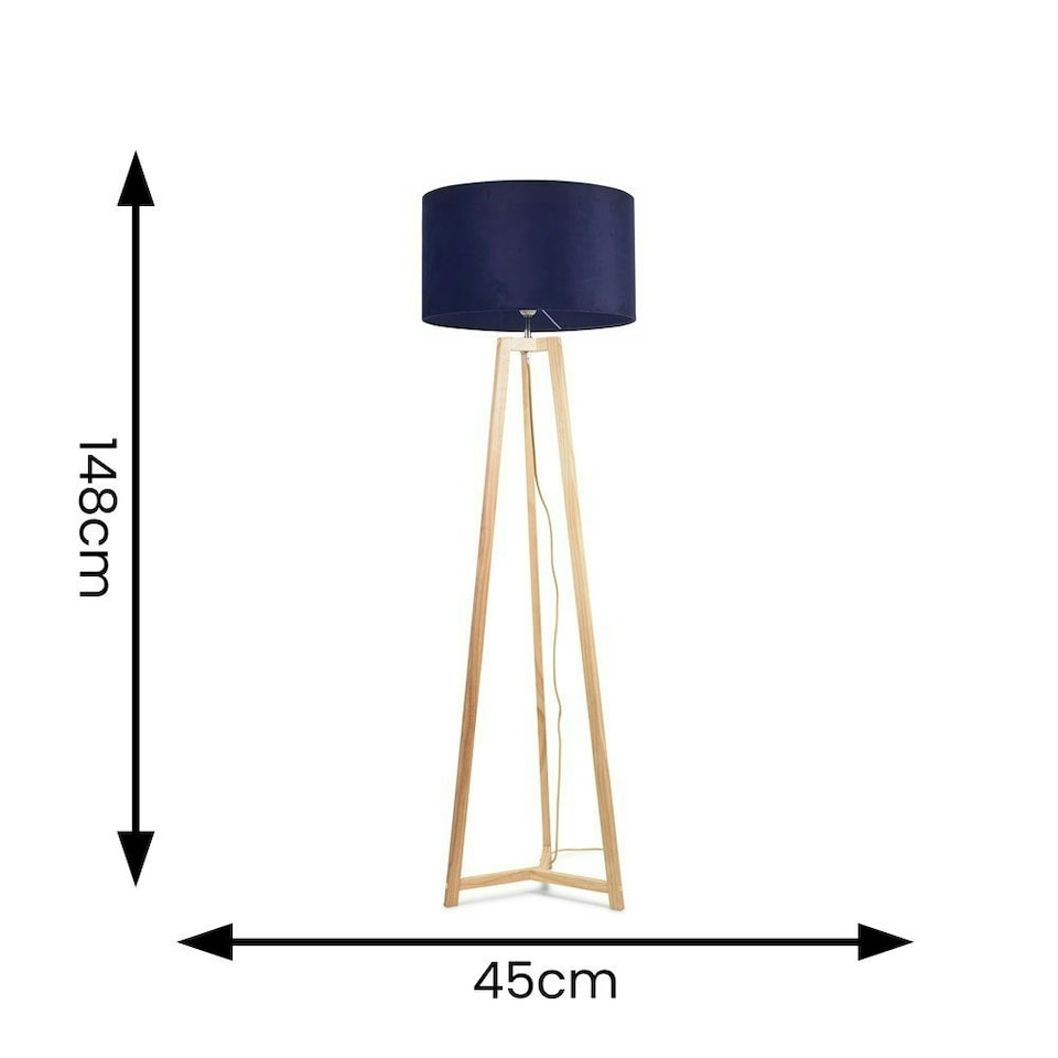 image 1 of ValueLights Lottie Natural Wood Tripod Floor Lamp with Navy Blue Velvet Drum Shade