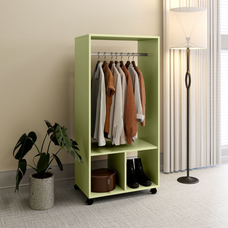 image 1 of HOMCOM Open Wardrobe on Wheels, Bedroom Wardrobe with Clothes Hanging Rail, 2 Storage Shelves, Mobile Garment Rack for Cloakroom, Hallway, Green | Green