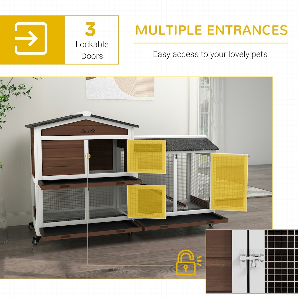 image 1 of PawHut Rabbit Hutch, Bunny Cage Outdoor 2-Tier w/ Wheels & Tray, Brown