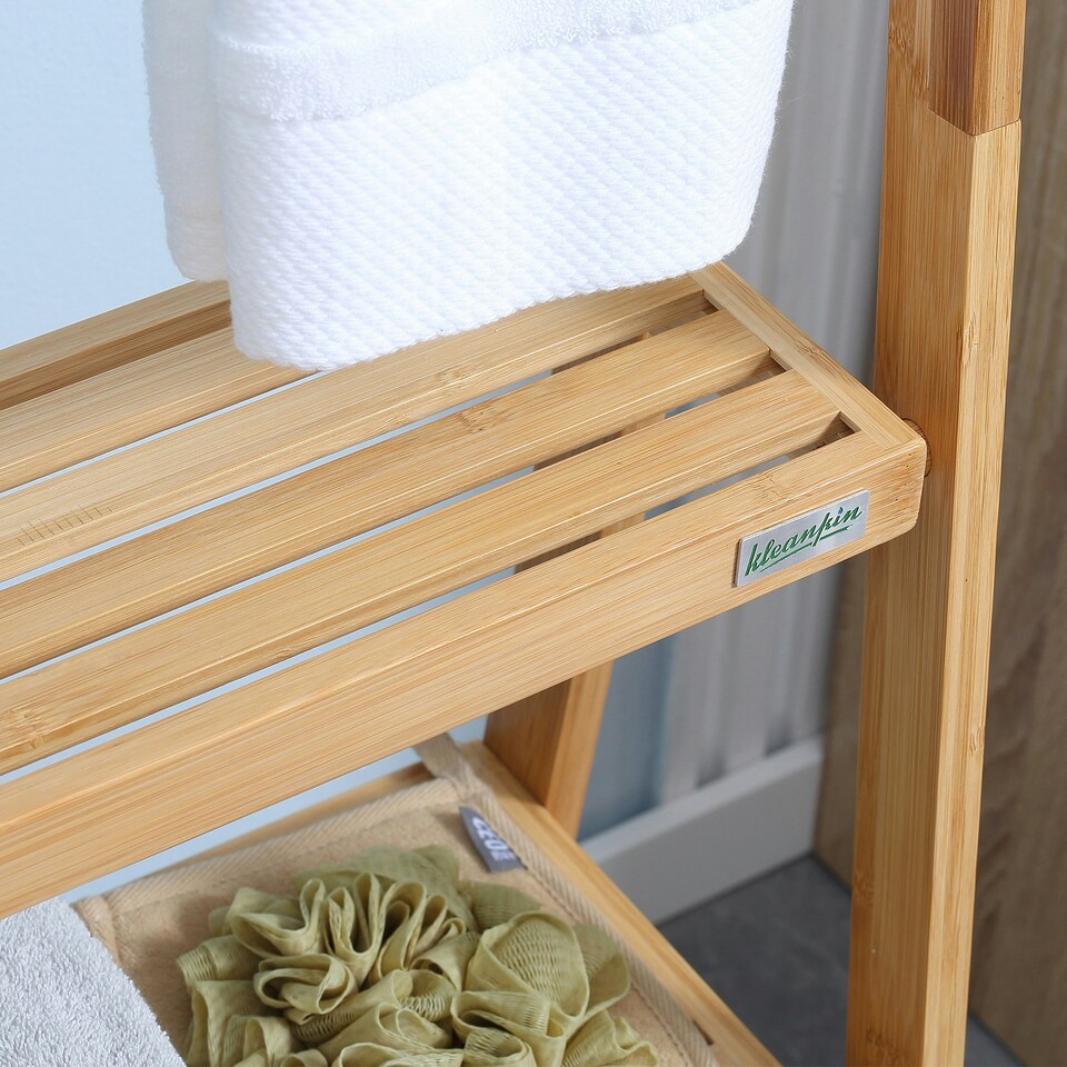 image 1 of kleankin Foldable Natural Bamboo Towel Rack with 3 Towel Rails and 3 Shelves