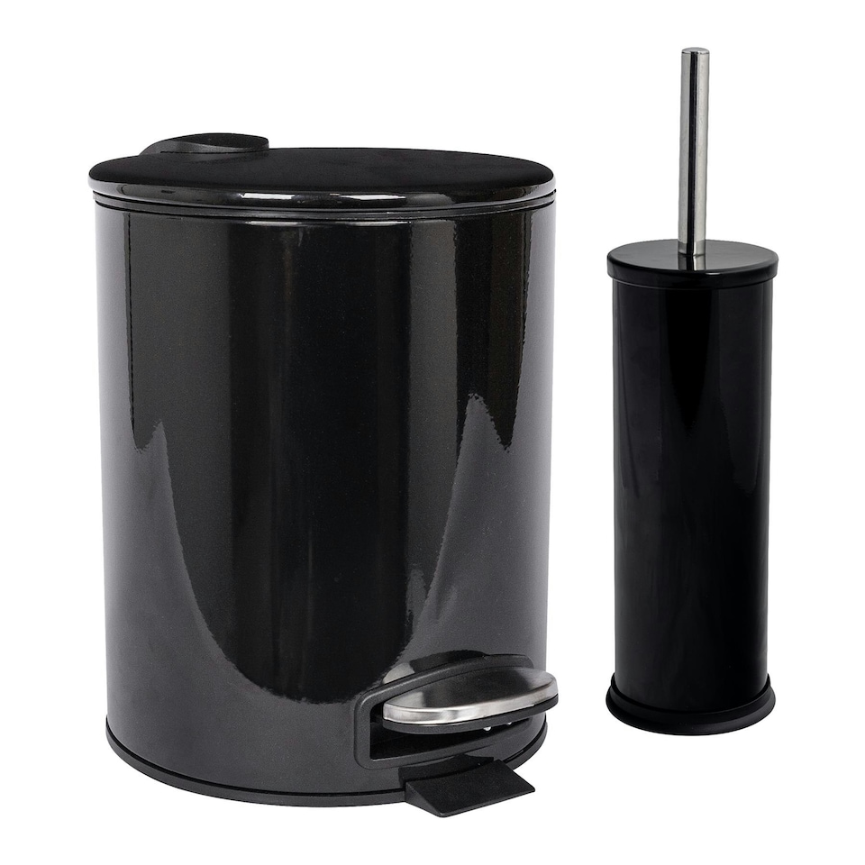 image 1 of Harbour Housewares 2pc Round Stainless Steel Pedal Bin & Toilet Brush Set - 5L - Black