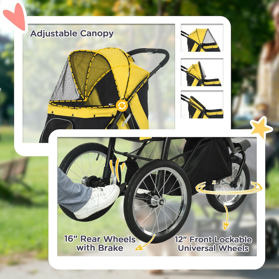 image 1 of PawHut 3 Wheel Pet Stroller, for Medium Small Dogs, Foldable Cat Pram - Yellow