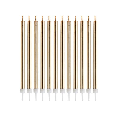 Metallic Gold Skinny Birthday Candles with Holders - Pack of 12