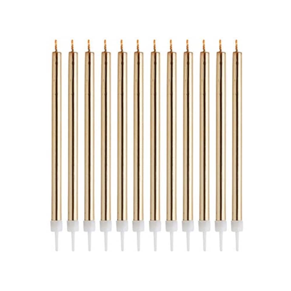 image 1 of Metallic Gold Skinny Birthday Candles with Holders - Pack of 12