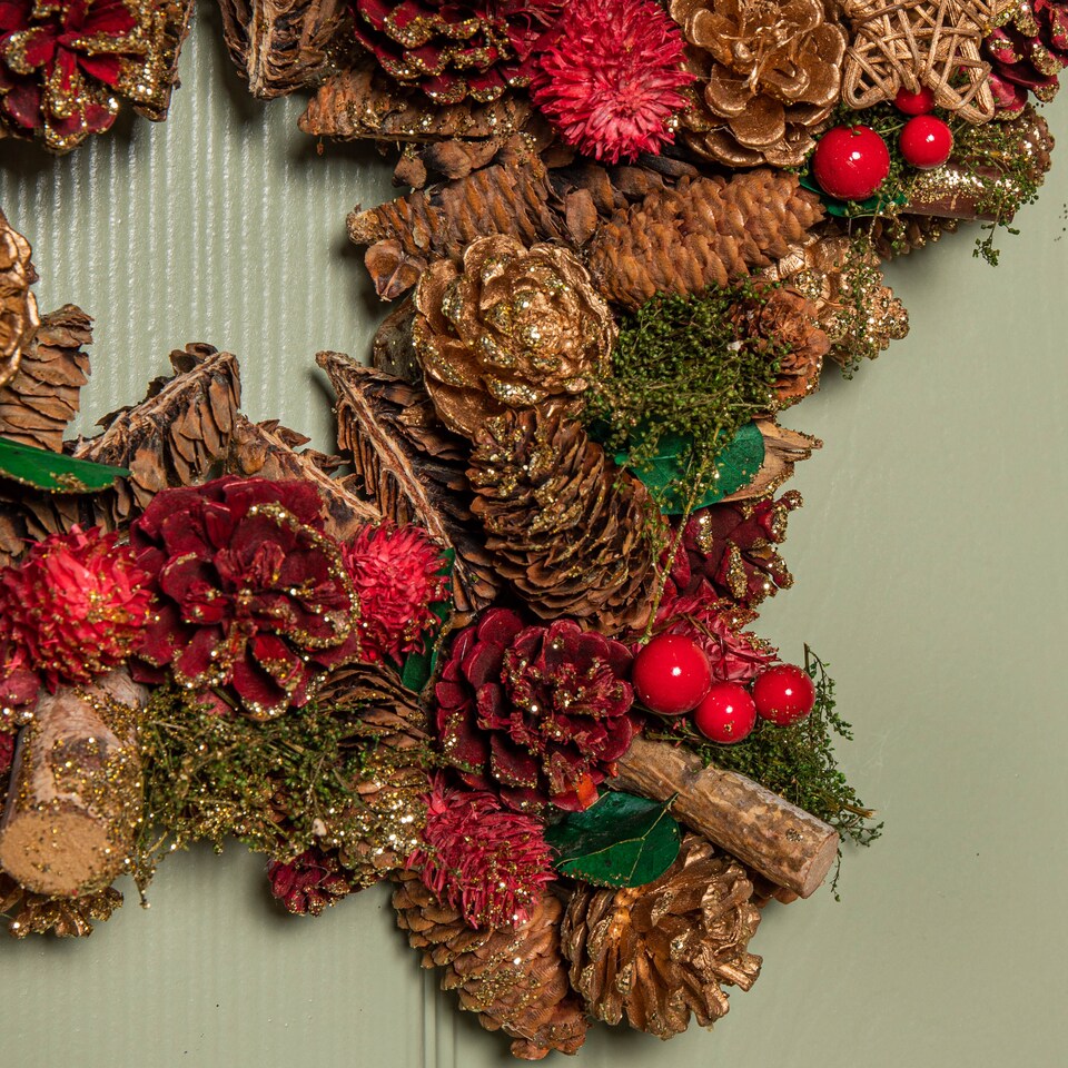 image 1 of 35cm Red Hanging Star Christmas Wreath with Red Berries and Pinecones