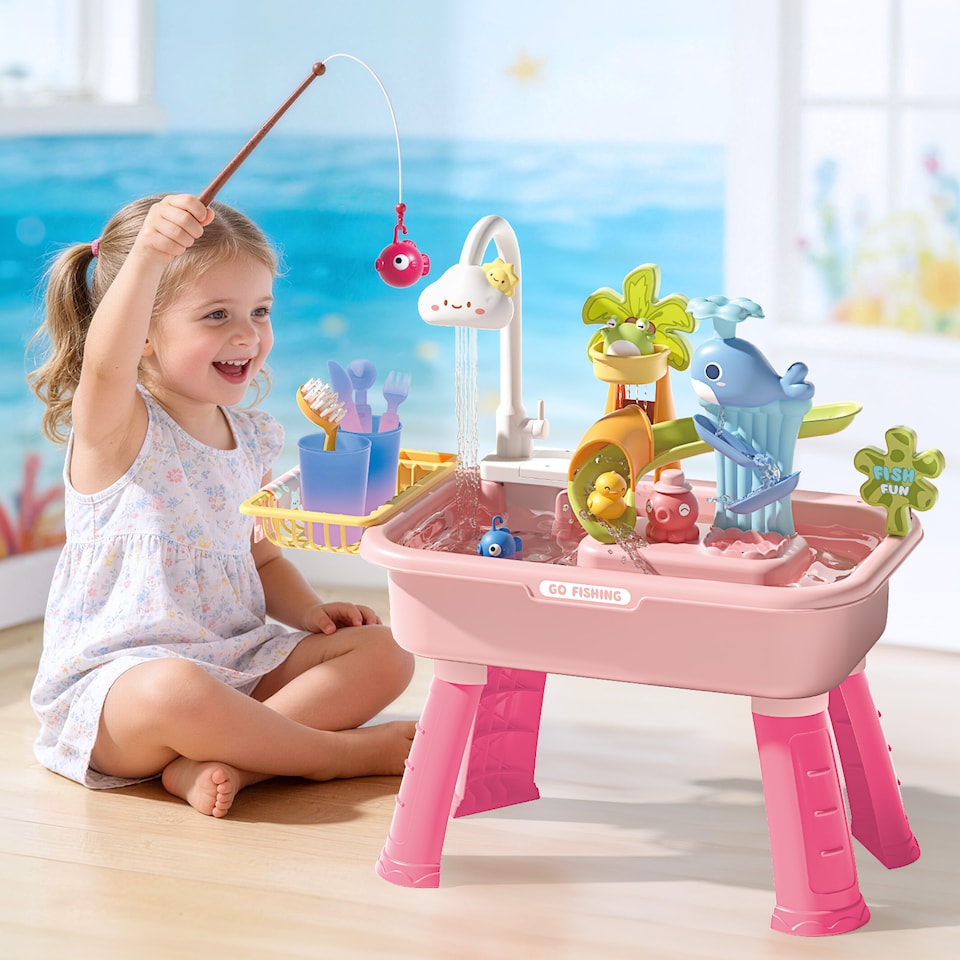 image 1 of 2 in 1 Beach Table & Simulation Kitchen Sink Toy Set with Water Supply Function and Color-Changing Tableware - Pink