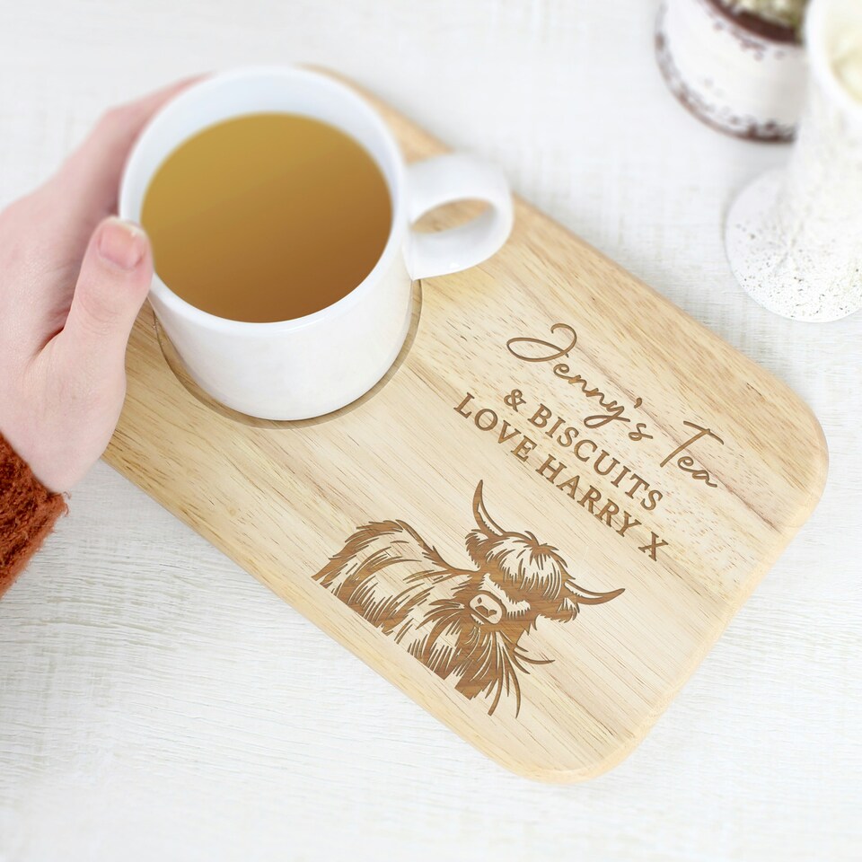 image 1 of Personalised Highland Cow Wooden Coaster Tray
