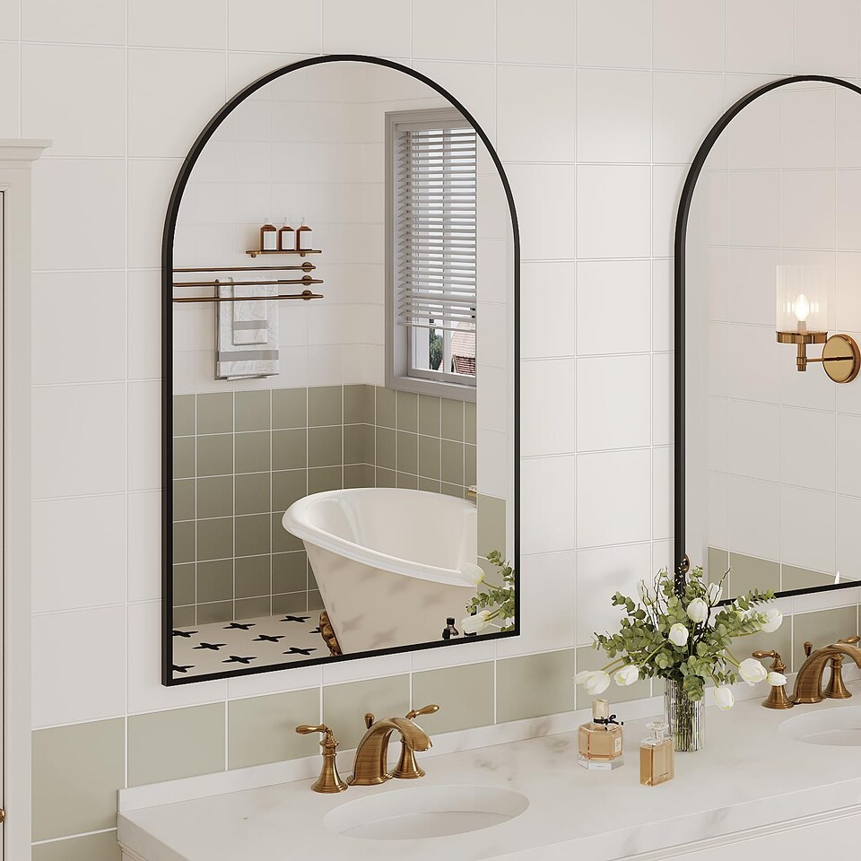 image 1 of London Boutique Black Arched Wall Mirror Framed Bathroom Mirror 75 x 50 cm, 1 Piece