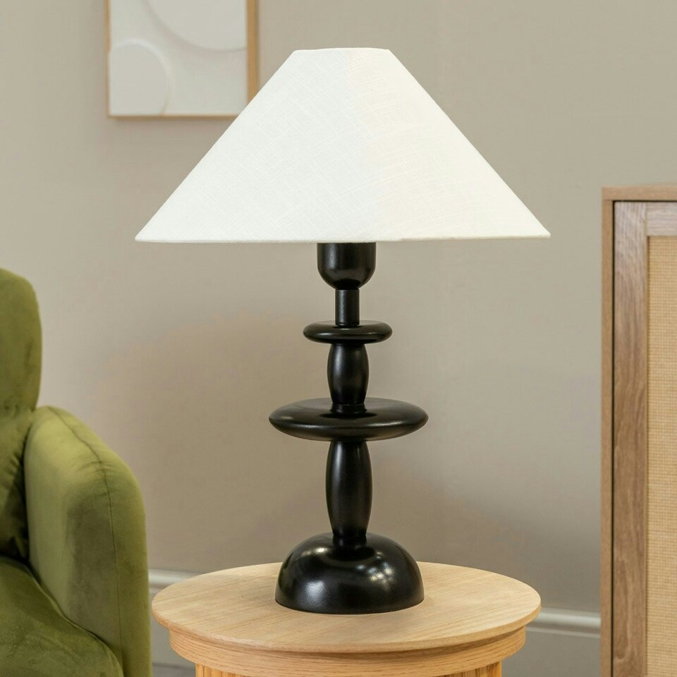 image 1 of ValueLights Justin Natural Linen Tapered Shade Walnut Dark Wood Stacked Table Lamp Black
