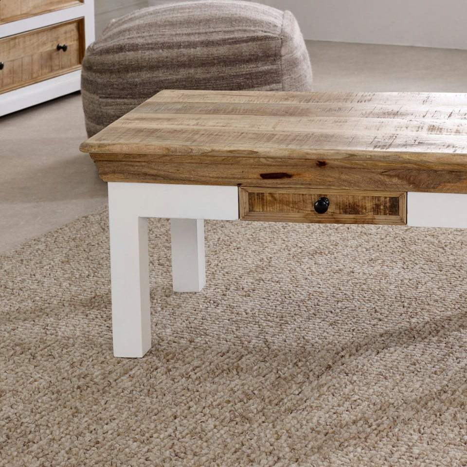 image 1 of Milano Solid Mango Wood White Coffee Table With Drawer White