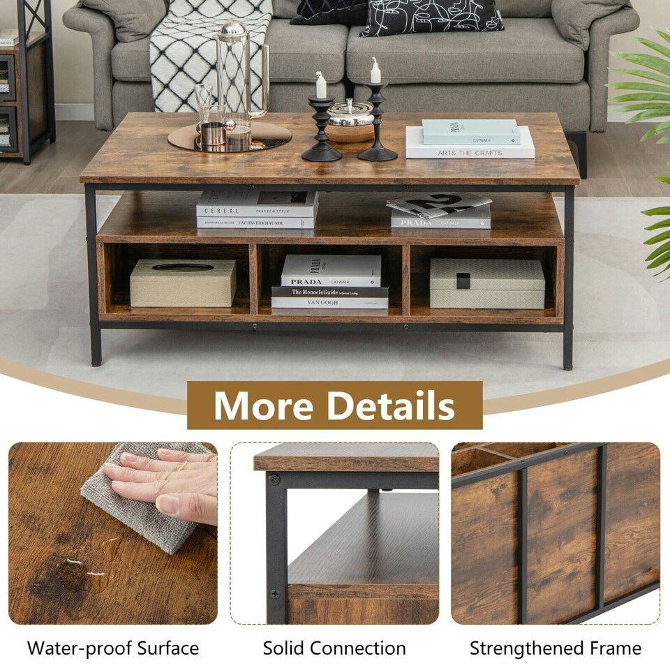 image 1 of COSTWAY Coffee Table Wooden Cocktail Center Table w/Storage Shelf Brown