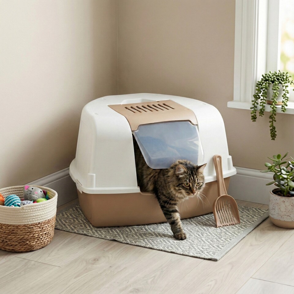 image 1 of Large Cat Corner Litter Tray Hooded Deep Cover Toilet Flap Box with Filter & Scoop | Multi | Mocca | 1