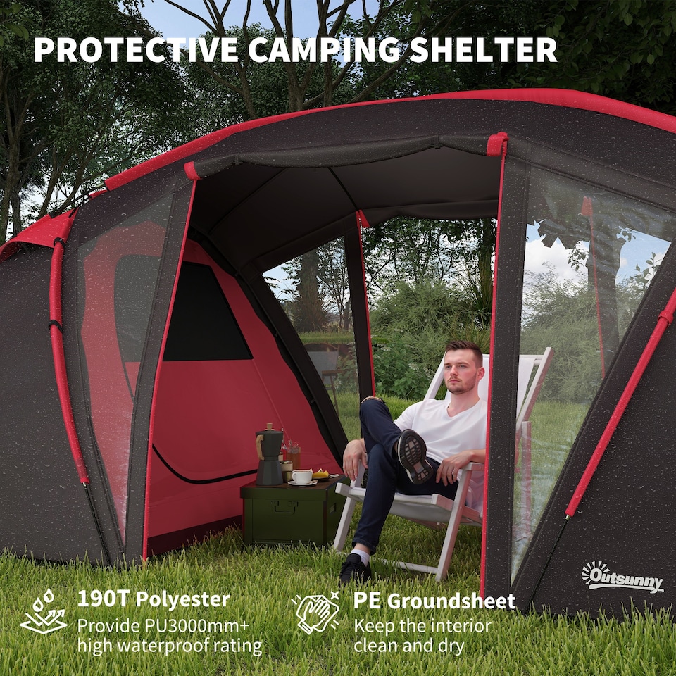 image 1 of Outsunny 4-6 Man Family Camping Tent with 2 Bedrooms, a Living Room | Grey | Grey