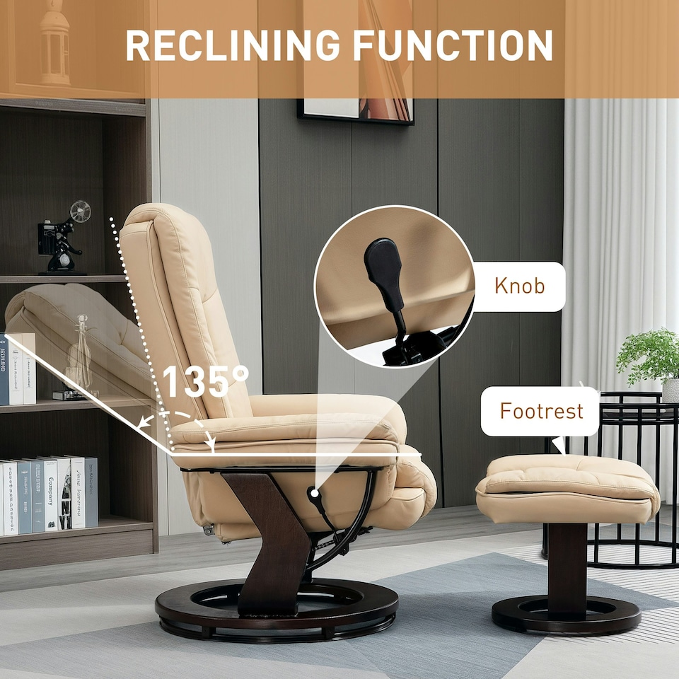 image 1 of HOMCOM Swivel Manual Recliner and Footrest Set PU Leather Lounge Chair Beige