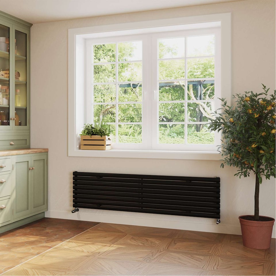 image 1 of Omeara Axis Horizontal Single Panel Bathroom Radiator - Black (H) 464mm x (W) 1800mm