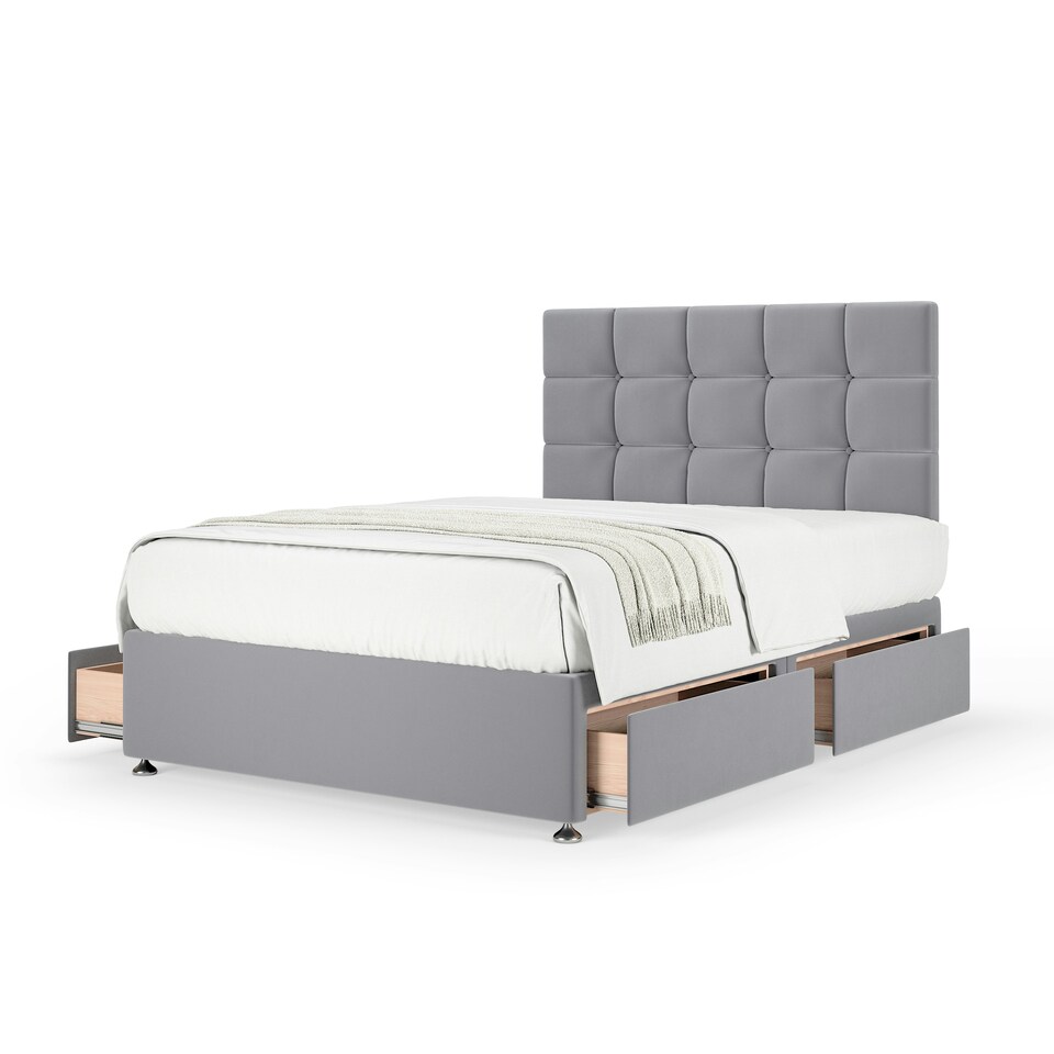 image 1 of Signature Platinum 2000 Pocket Sprung Silver Plush Velvet 4 Drawer Divan Set And Pearl Headboard King Size