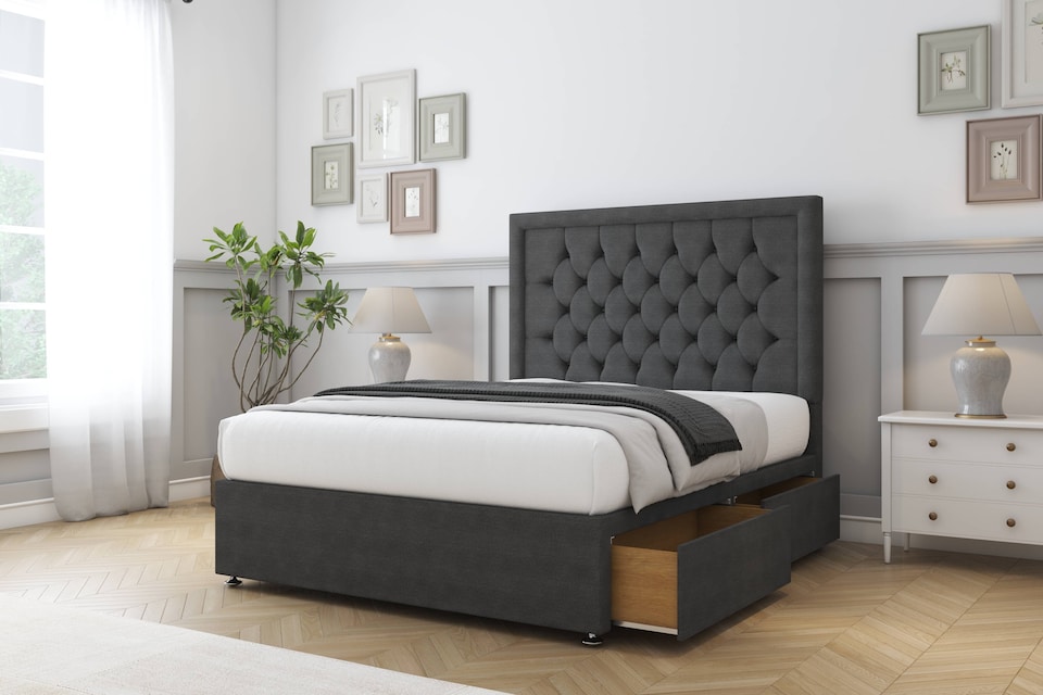 image 1 of Sloomy Montana Graphite Dumfries Divan Bed With Mattress 2 Drawers Same Side With 26" Strutted Headboard 4' Small Double | Grey | Graphite | Small Double | 1