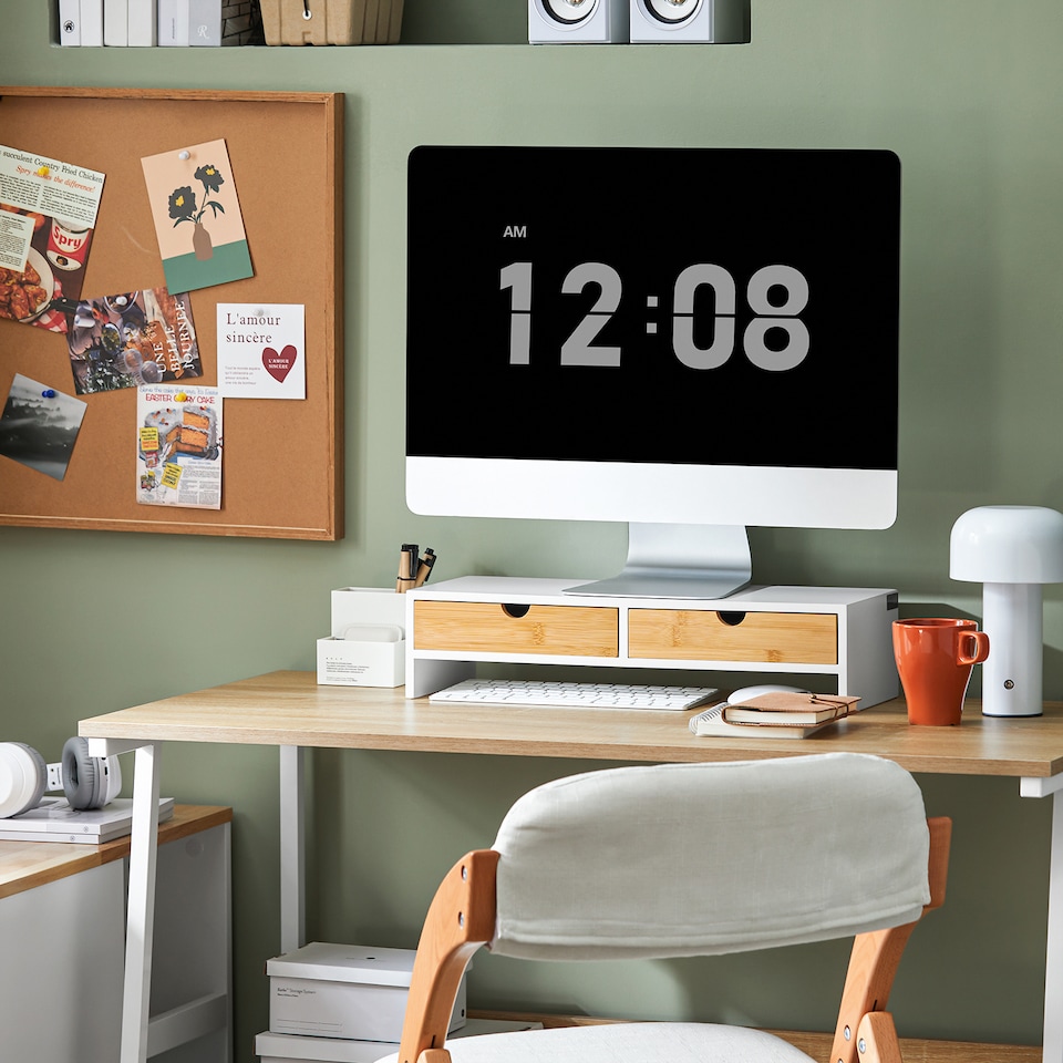 image 1 of SoBuy Wooden Monitor Stand with 2 Drawers, White/Natural, 18.5x7.0x4.3 inches, 2.8 kg - BBF02-WN