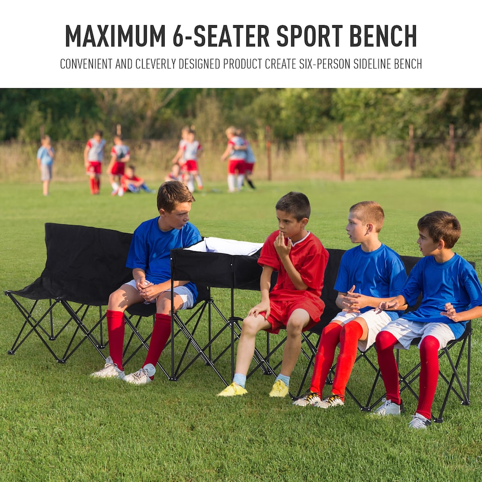 image 1 of Outsunny 6 Seat Folding Sports Bench Portable Sports Team Bench Spectator Chair with Cooler Bag and Carrying Bag for Outdoor Picnic Camping - Black