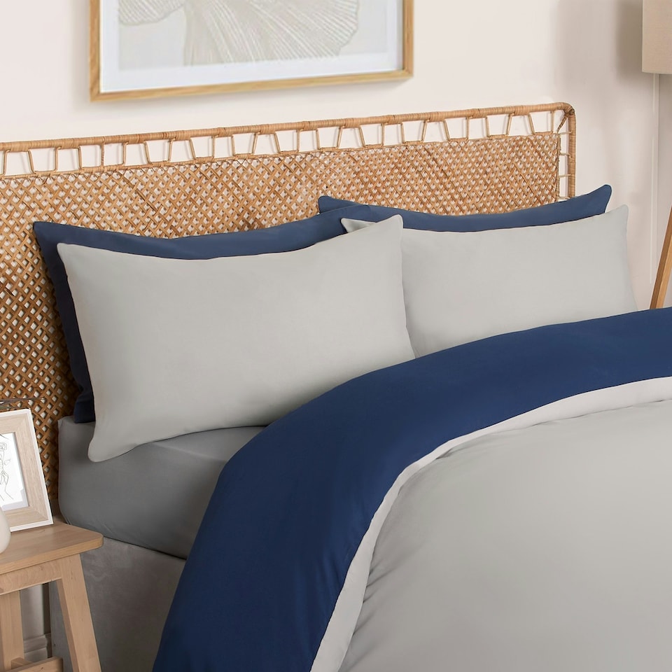 image 1 of OHS Microfibre Reversible Plain Duvet Cover and Pillowcase Set, Single - Grey/Navy Blue