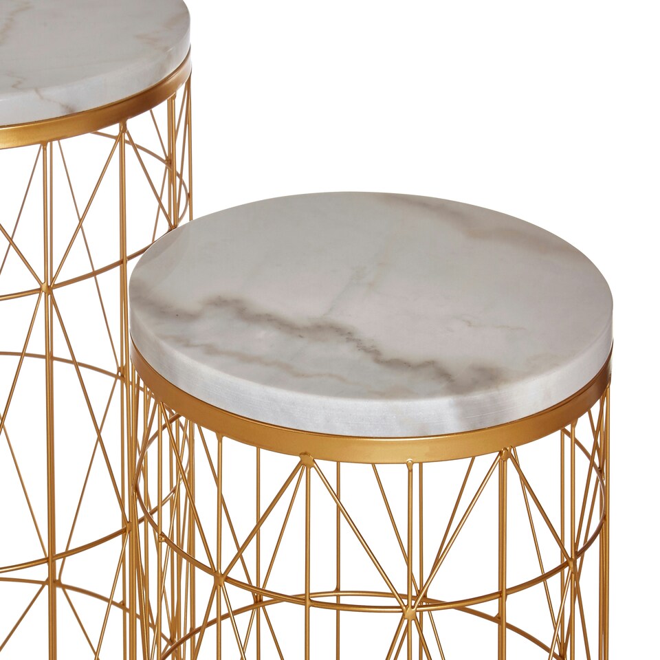 image 1 of Interiors by Premier Set Of 2 Marble Top Round Side Tables, White Marble Side Tables With Gold Iron Geometric Base, Nesting Tables