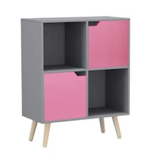 Grey 4-Cube Storage Unit with 2 Wooden Doors and Legs | Pink | Pink & Pine | 1