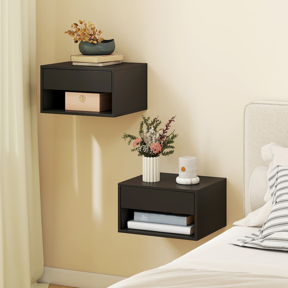 image 1 of HOMCOM Floating Nightstands Set of 2, Bedside Table w/ Drawer and Open Shelf