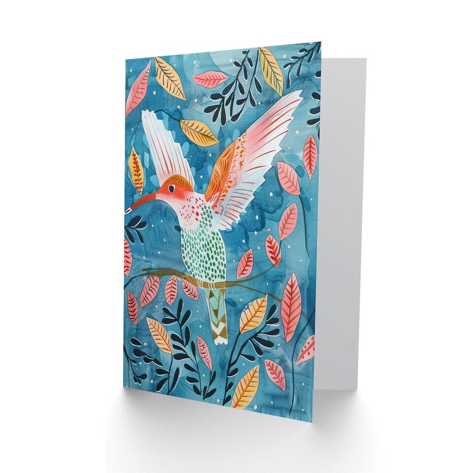 image 1 of Greeting Card Hummingbird Folk Art Pink Blue Orange Watercolour