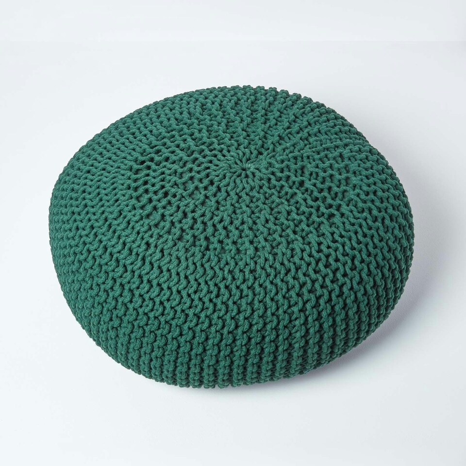 image 1 of Homescapes Forest Green Large Round Cotton Knitted Pouffe Footstool
