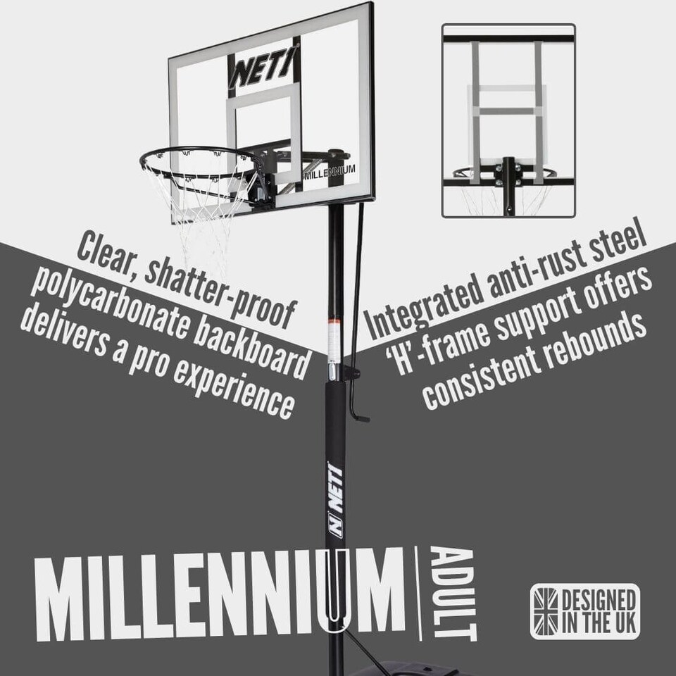 image 1 of NET1 Millennium Portable Basketball Hoop — Adjustable 7'6" to 10' (2.28–3.05 m), Polycarbonate Backboard | Multi | BLACK | 4396