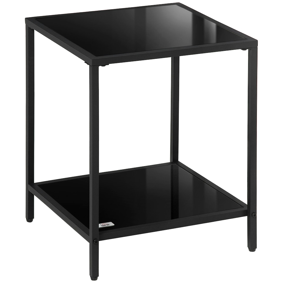 image 1 of HOMCOM Side Table with Tempered Glass Top, End Table with 2-Tier Storage, Black Black