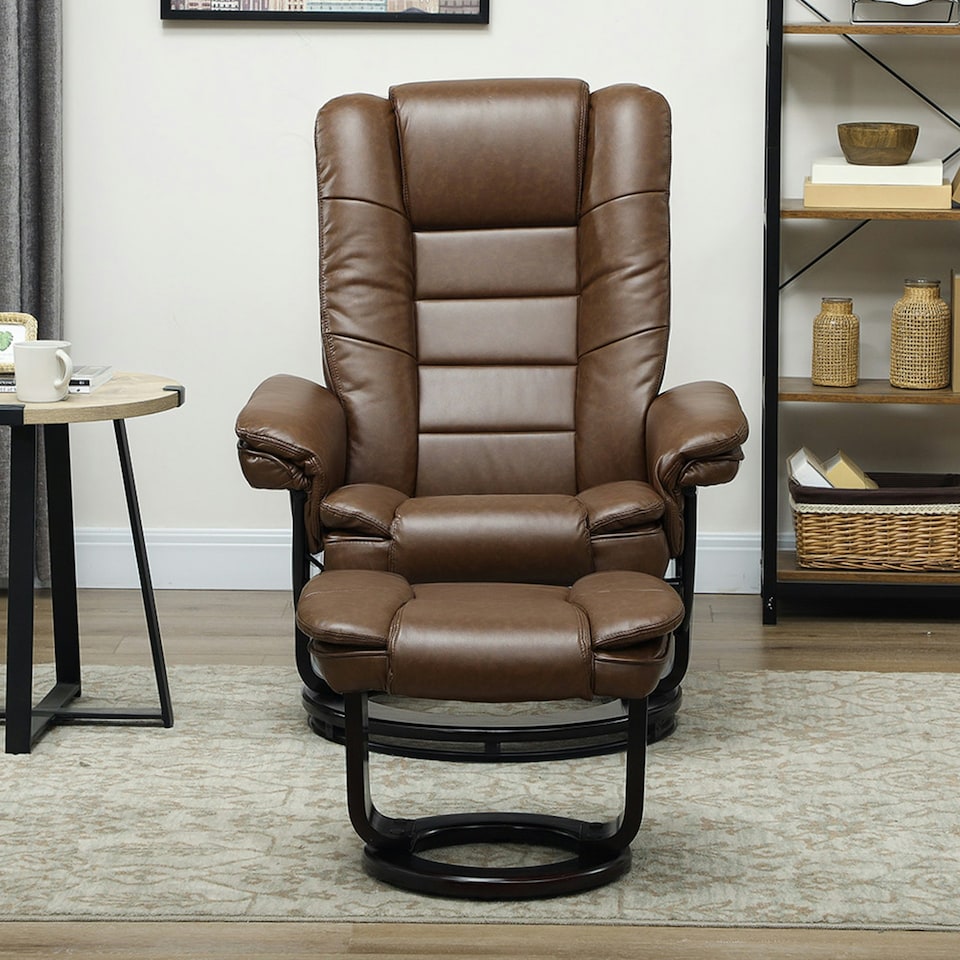 image 1 of HOMCOM Swivel Manual Recliner and Footrest Set PU Leather Chair Brown Brown | Dark Brown