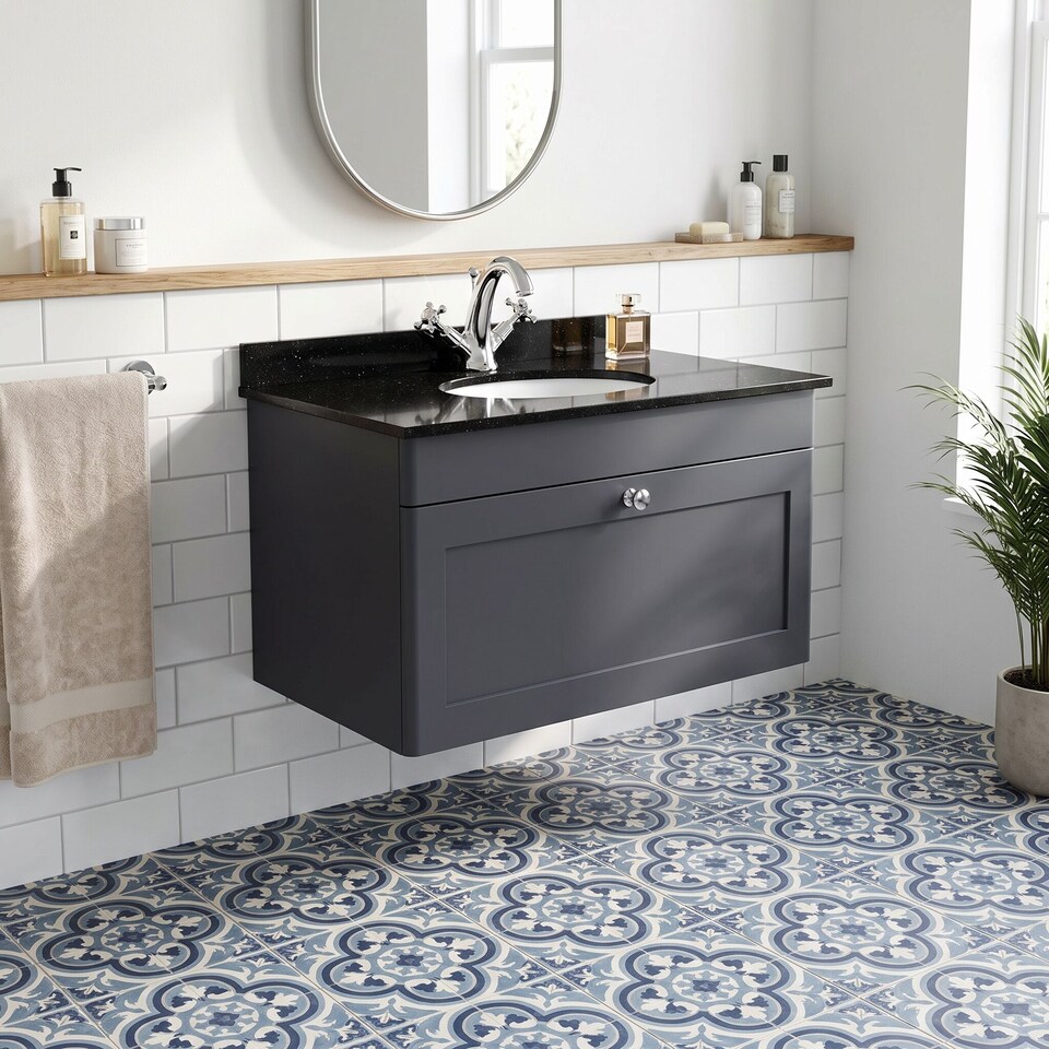 image 1 of Balterley Swynnerton Traditional 1 Drawer Wall Hung Vanity Unit with Marble Basin, Dark Grey, 800mm