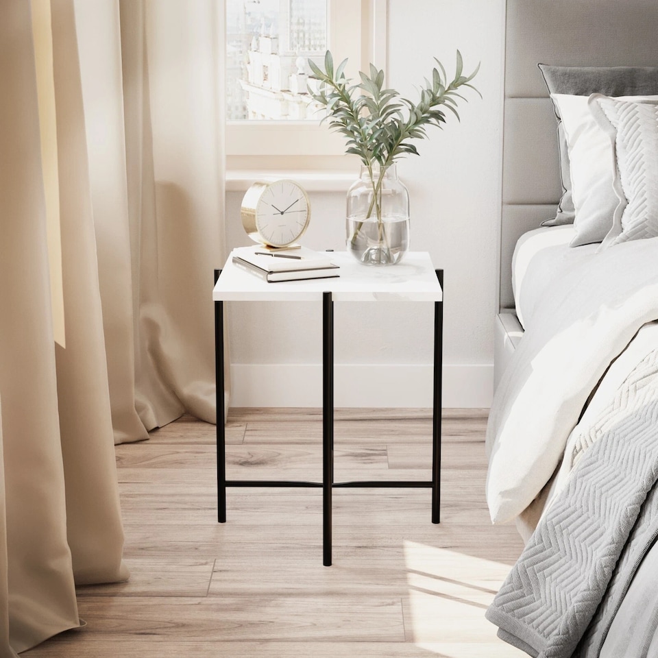 image 1 of Set of 2 Pcs Marble Effect Tops Square Round Side End Coffee Table Metal Frame | White | White Square | 1