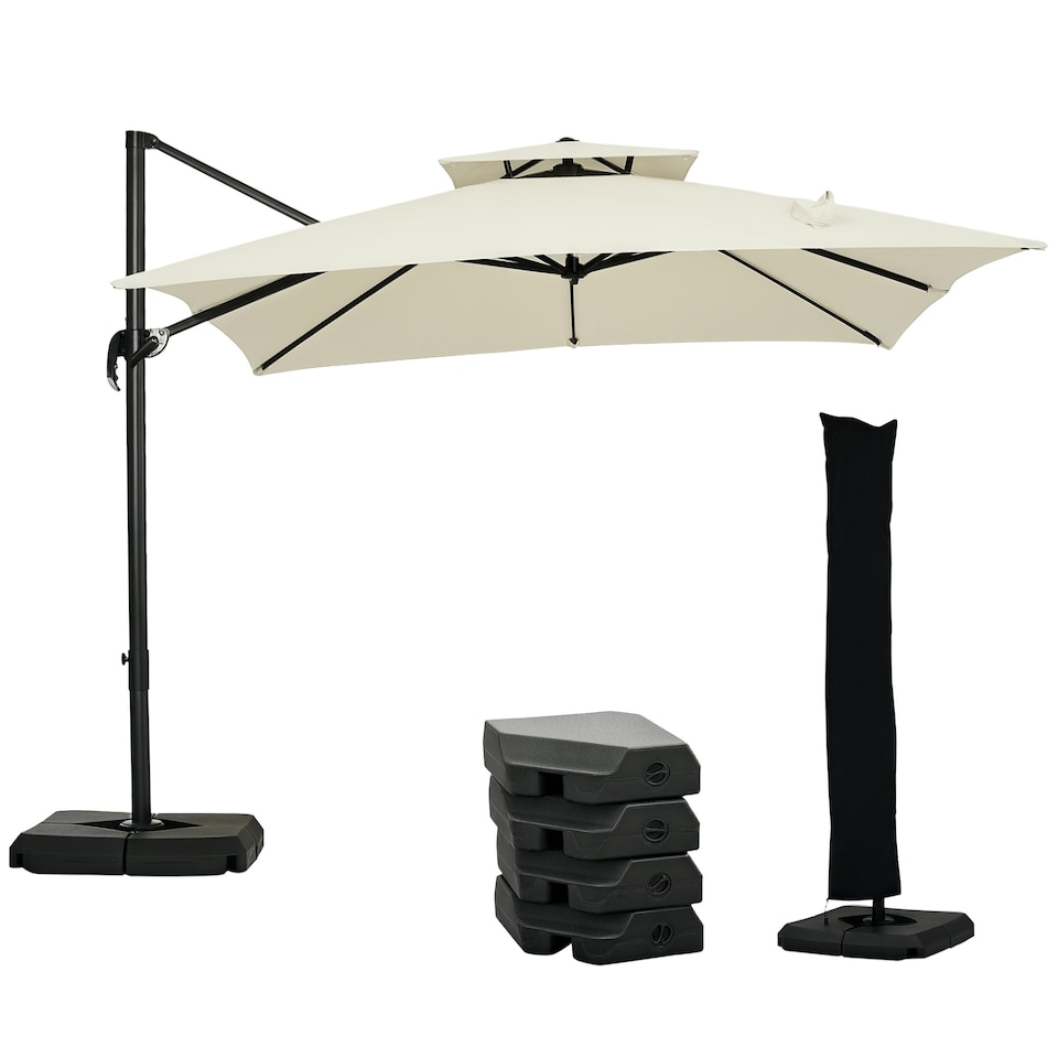 image 1 of Outsunny 360° Cantilever Parasol Roma Umbrella w/ Base Weights, Beige
