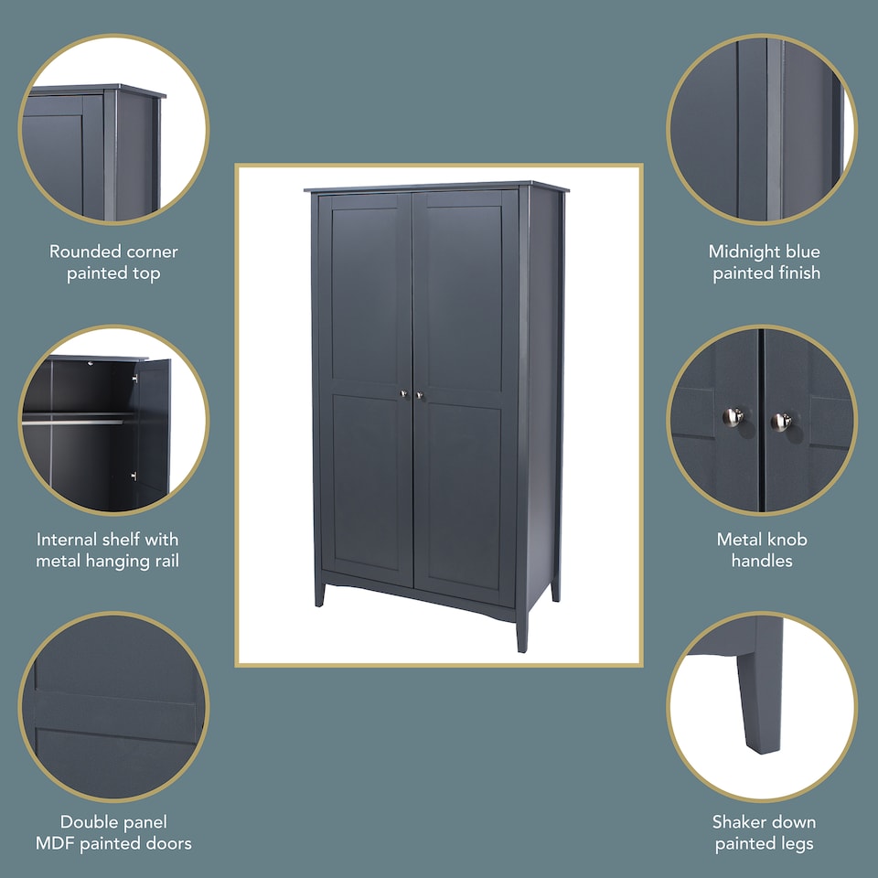 image 1 of Como 2 Door Wardrobe Shaker Style Bedroom Storage Furniture Modern - Painted Pine | Blue | Blue | One Size | 1
