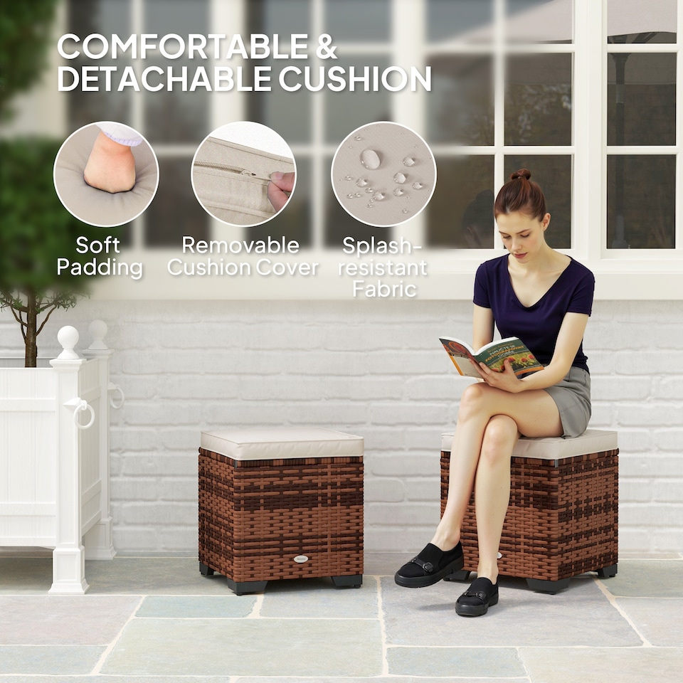 image 1 of Outsunny Set of 2 Rattan Storage Ottoman, Outdoor Footstool with Removable Cushions, Garden Storage Seat for Balcony, Porch, Living Room, Beige | White | 40W x 40D x 40H cm | 1